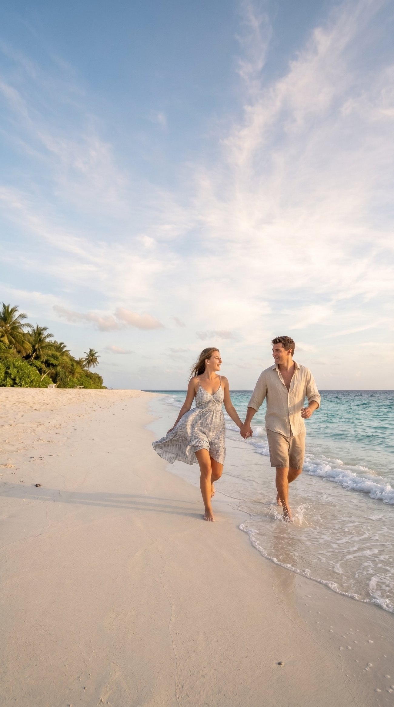 Pareja caminando por la orilla de una playa